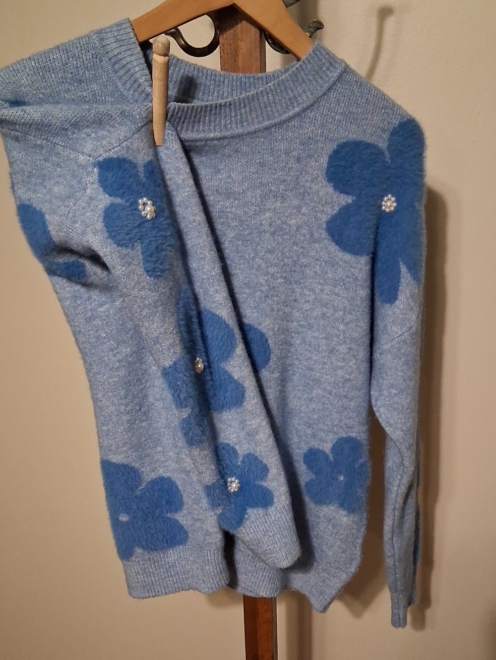 Nanette Lepore Light Blue Floral Crewneck Sweater with Blue Appliqués